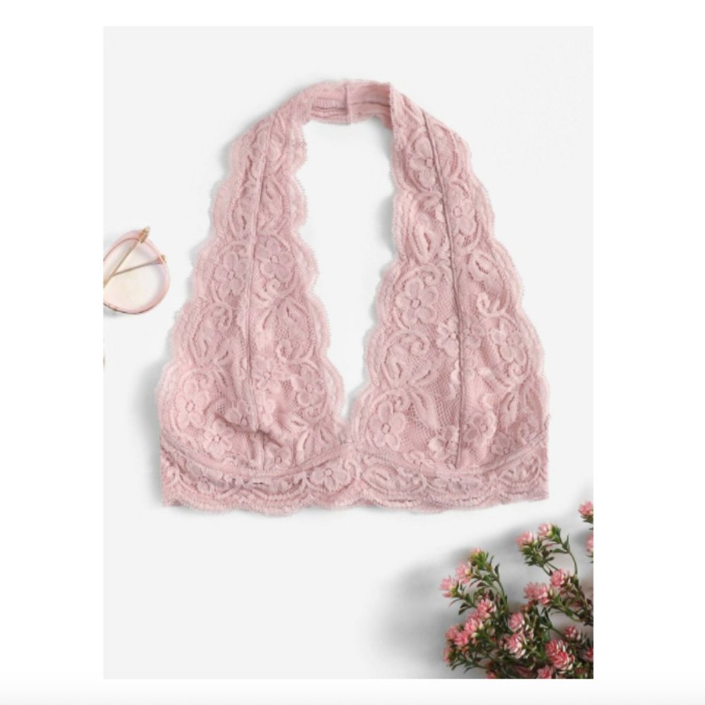 Pastel Pink Floral Lace Halter Bralette Bra